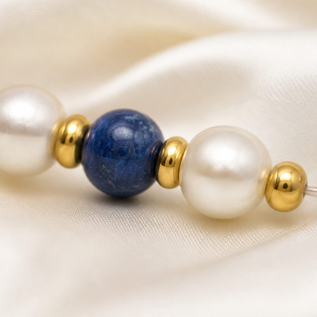 Set collana, bracciale e orecchini Perla e lapis, bianco, blu, oro, foto 3 di 5