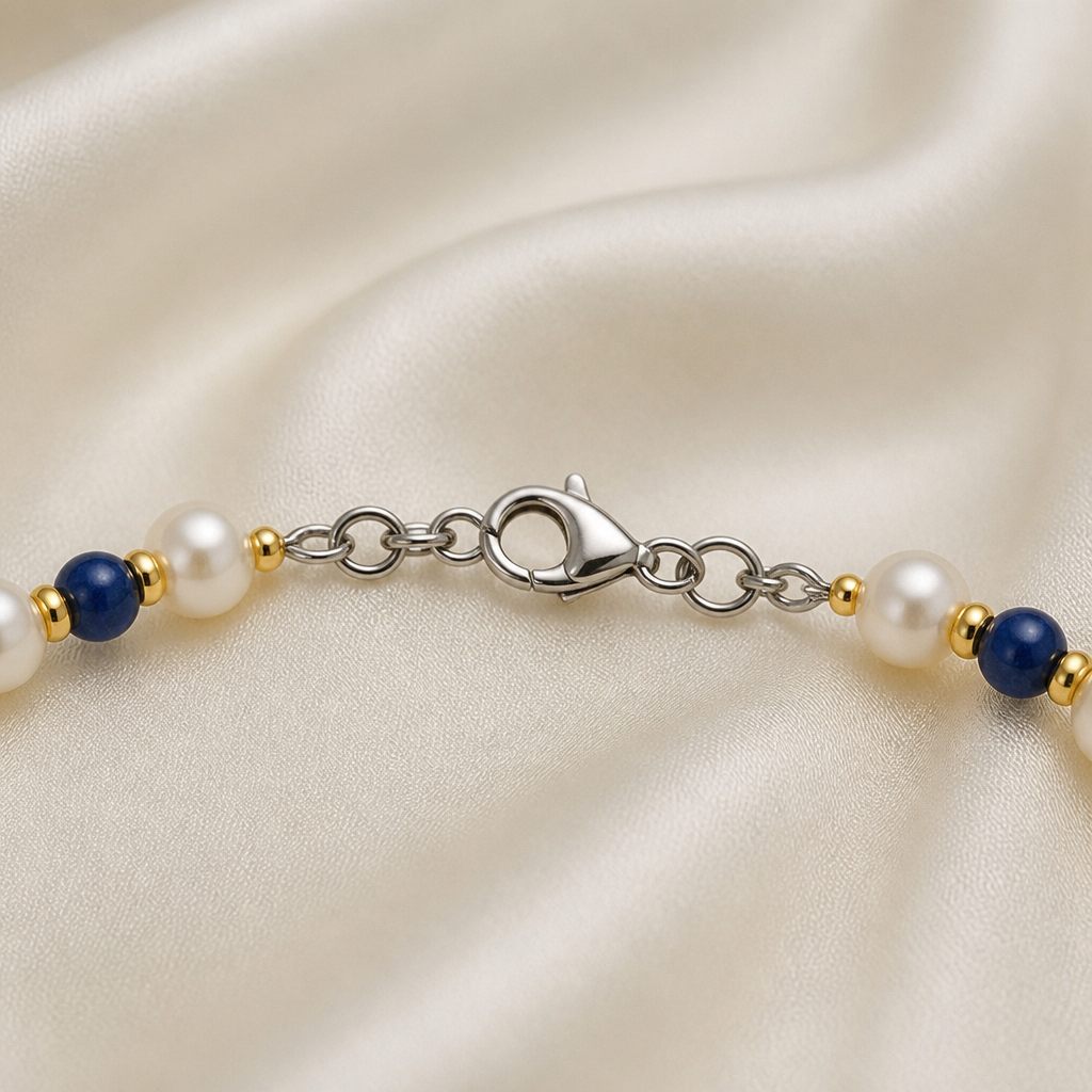 Set collana, bracciale e orecchini Perla e lapis, bianco, blu, oro, foto 4 di 5