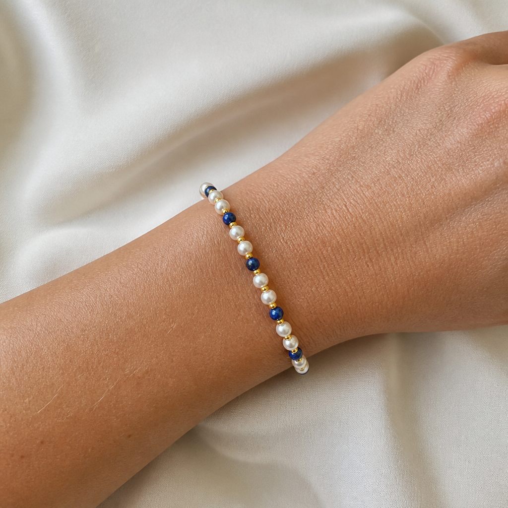 Set collana, bracciale e orecchini Perla e lapis, bianco, blu, oro, foto 5 di 5