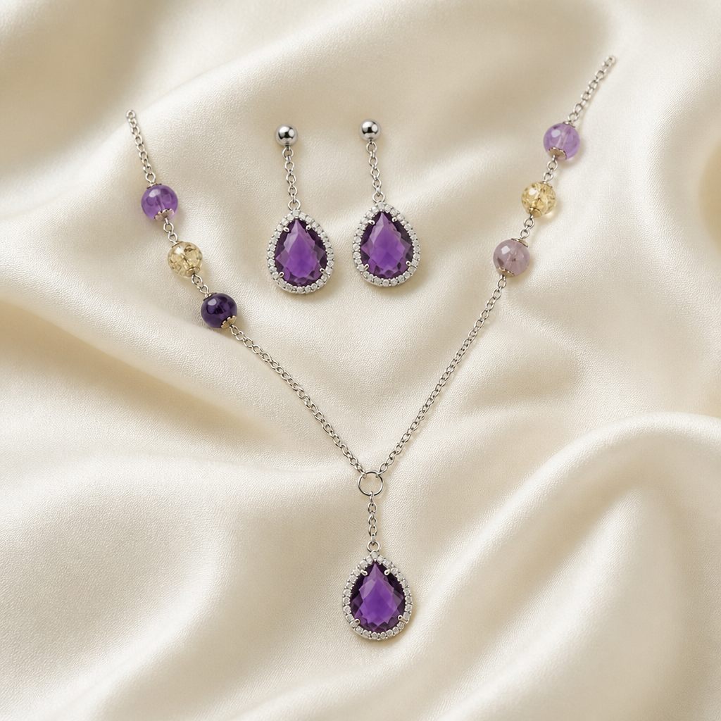 Set collana e orecchini Ametista, viola, giallo, argento, foto 2 di 5
