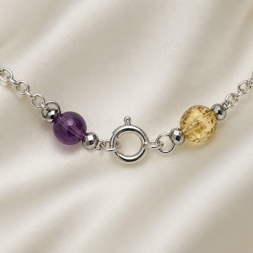 Set collana e orecchini Ametista, viola, giallo, argento, foto 4 di 5