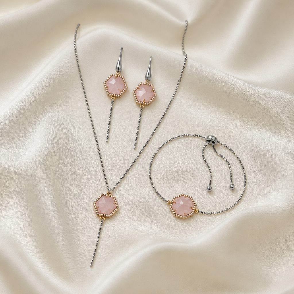 Set collana e orecchini Quarzo rosa, rosa, oro, argento, foto 2 di 5