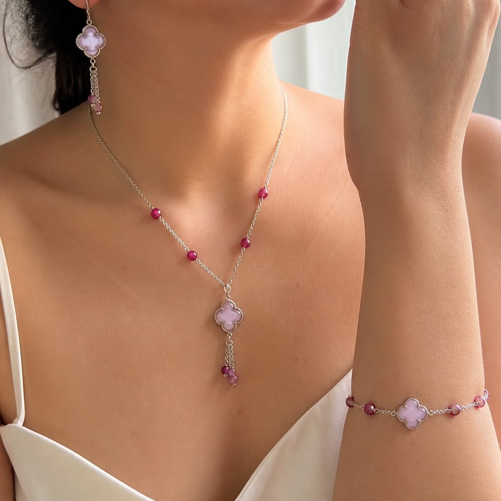 Set collana e orecchini Fiore fucsia, rosa cipria, fucsia, argento, foto 1 di 5