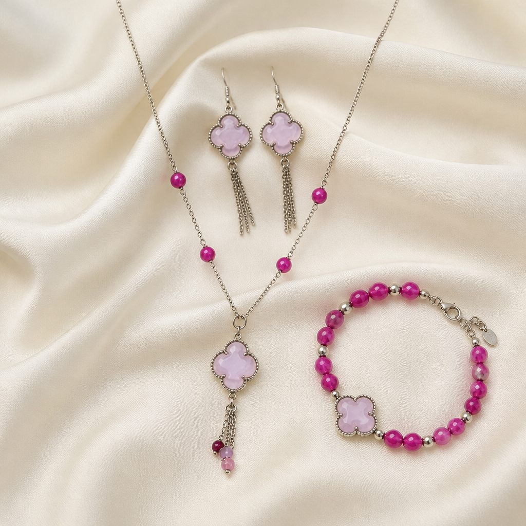 Set collana e orecchini Fiore fucsia, rosa cipria, fucsia, argento, foto 2 di 5