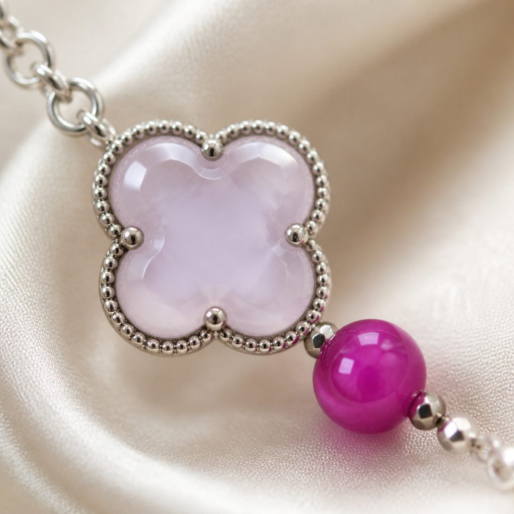 Set collana e orecchini Fiore fucsia, rosa cipria, fucsia, argento, foto 3 di 5