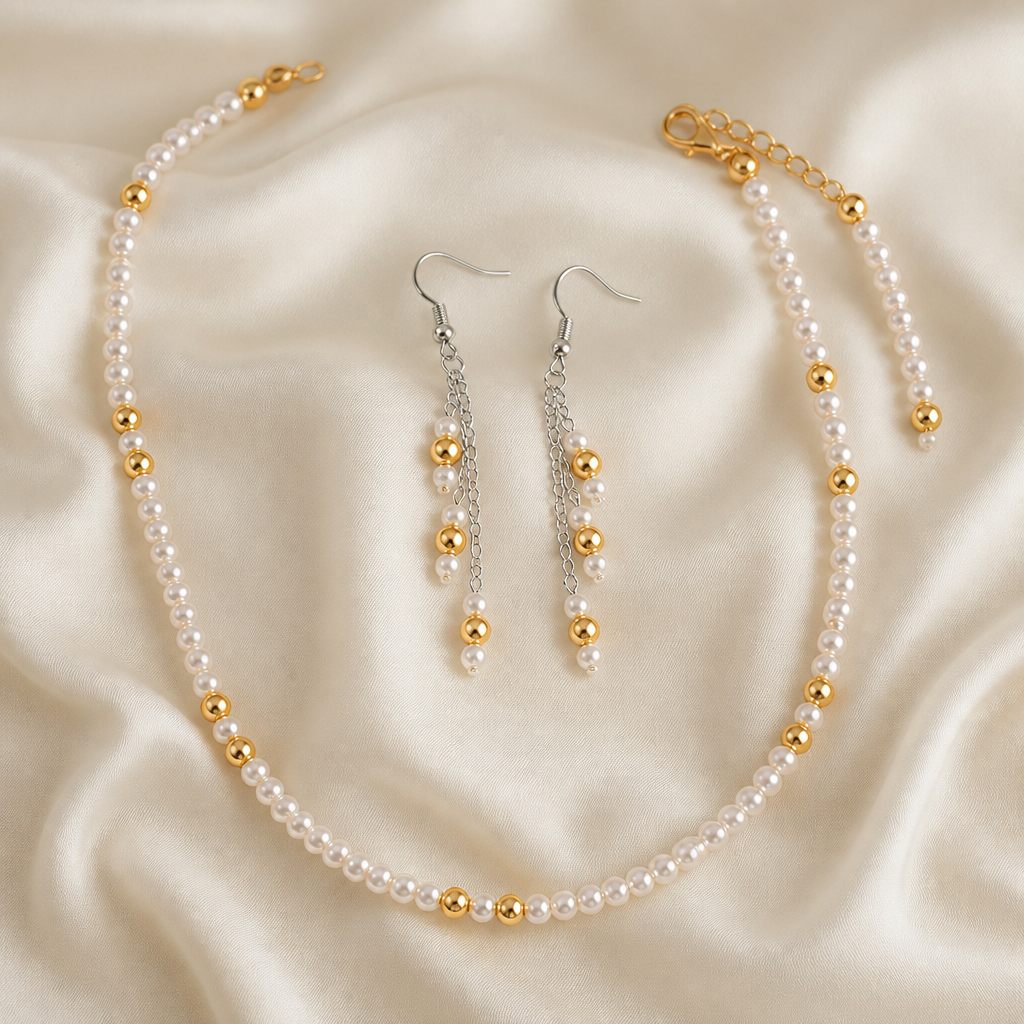 Set collana e orecchini Perla e sole, bianco, oro giallo, foto 2 di 5