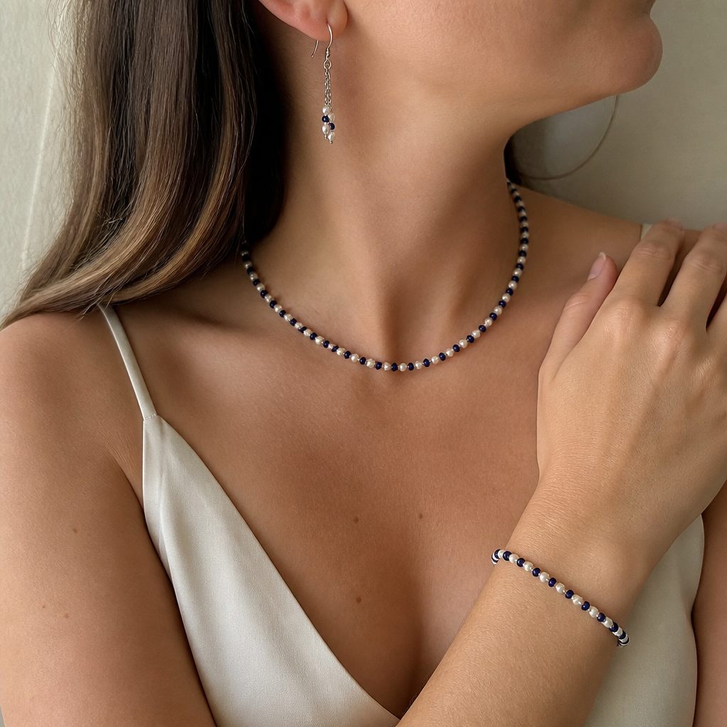 Set collana, bracciale e orecchini Blu e perla, bianco, blu, argento, foto 1 di 5