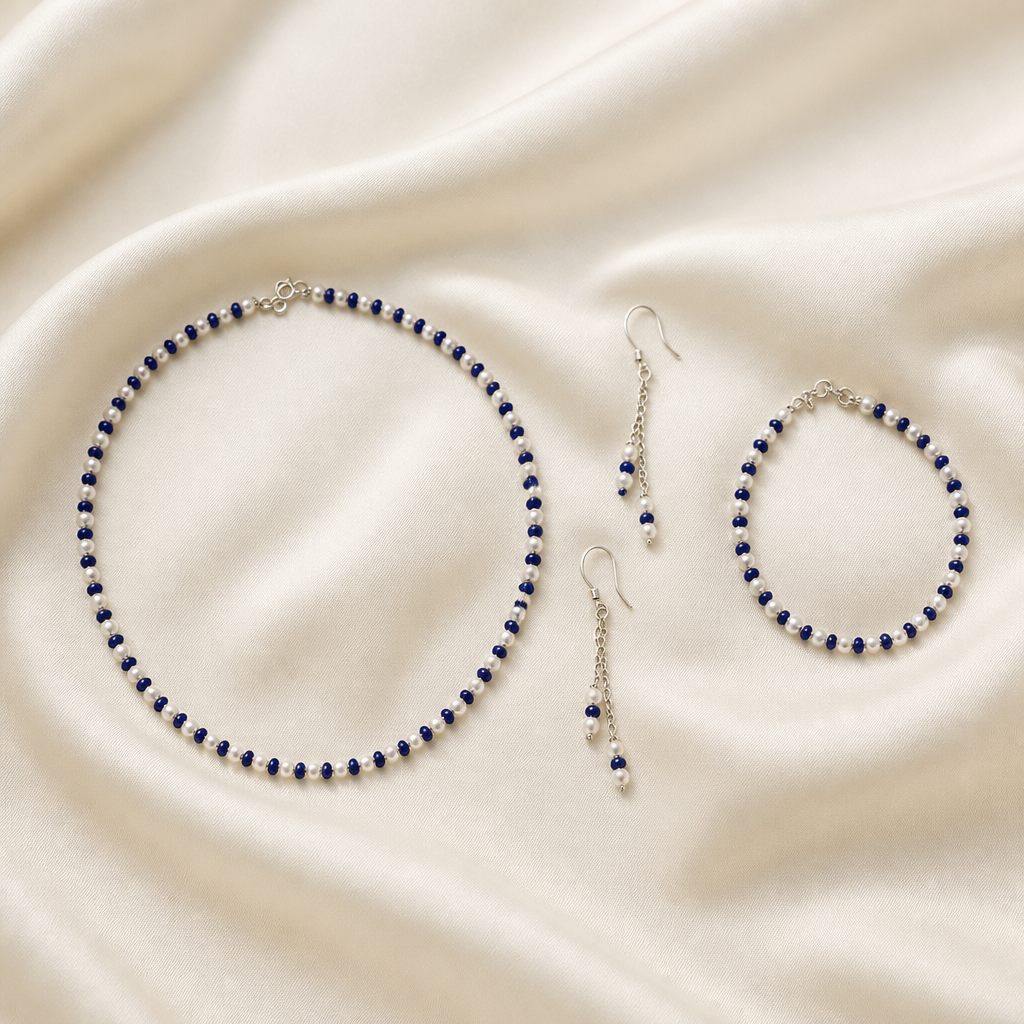 Set collana, bracciale e orecchini Blu e perla, bianco, blu, argento, foto 2 di 5